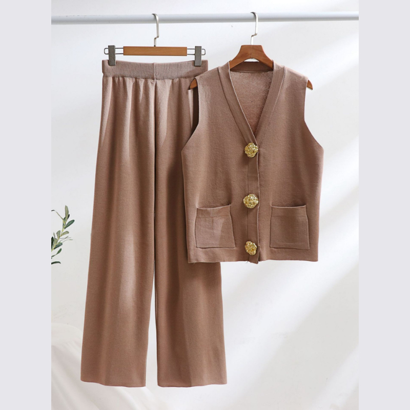 European And American Style Gold Button V Neck Vest Set New Summer Sweater Set with Baggy Wide Leg Long Pants 2 Pieces Women's Fashion