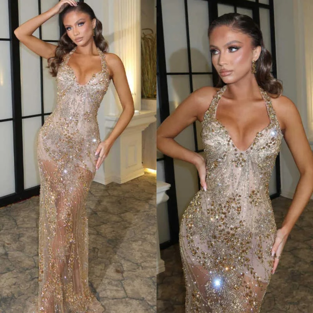 Luxury Halter Neck Sparkling Gold Beaded Mermaid Evening Gown Deep V Cut Sheer Mesh Bodycon Floor Length Formal Prom Party Long Dress For Women