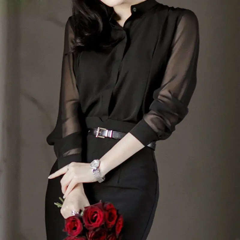 Women's Black Vintage Chiffon Blouses Spring Summer Gauze Long Sleeves Stand Collar Wild Fashion Elegant Women Pullover Shirt 260805