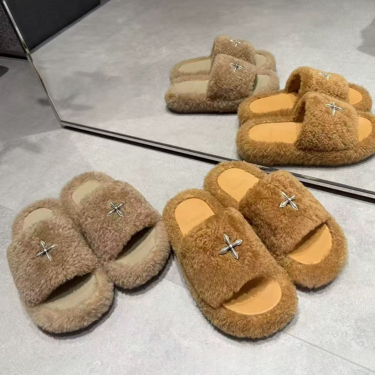Designer Autumn And Winter Fuzzy Slippers High-Quality And White Velvet Furry Cross Flower Thick-Soled Black Balloon Leather Outdoor Lamb Wool One-S