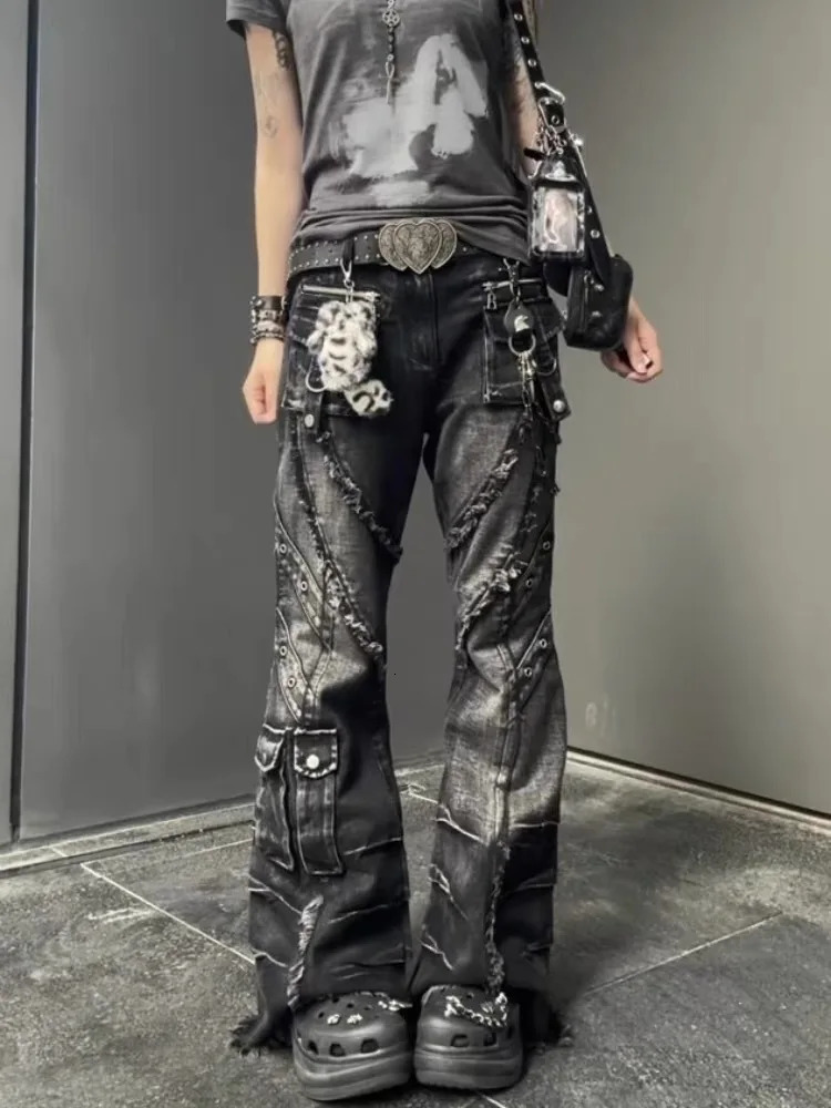 Women's Denim Pants Dark Academia Cargo Jean Flared Bell Bottom ner Kpop Japanese 2026 Autumn Winter Y2k 2000s Goblin Core 260805