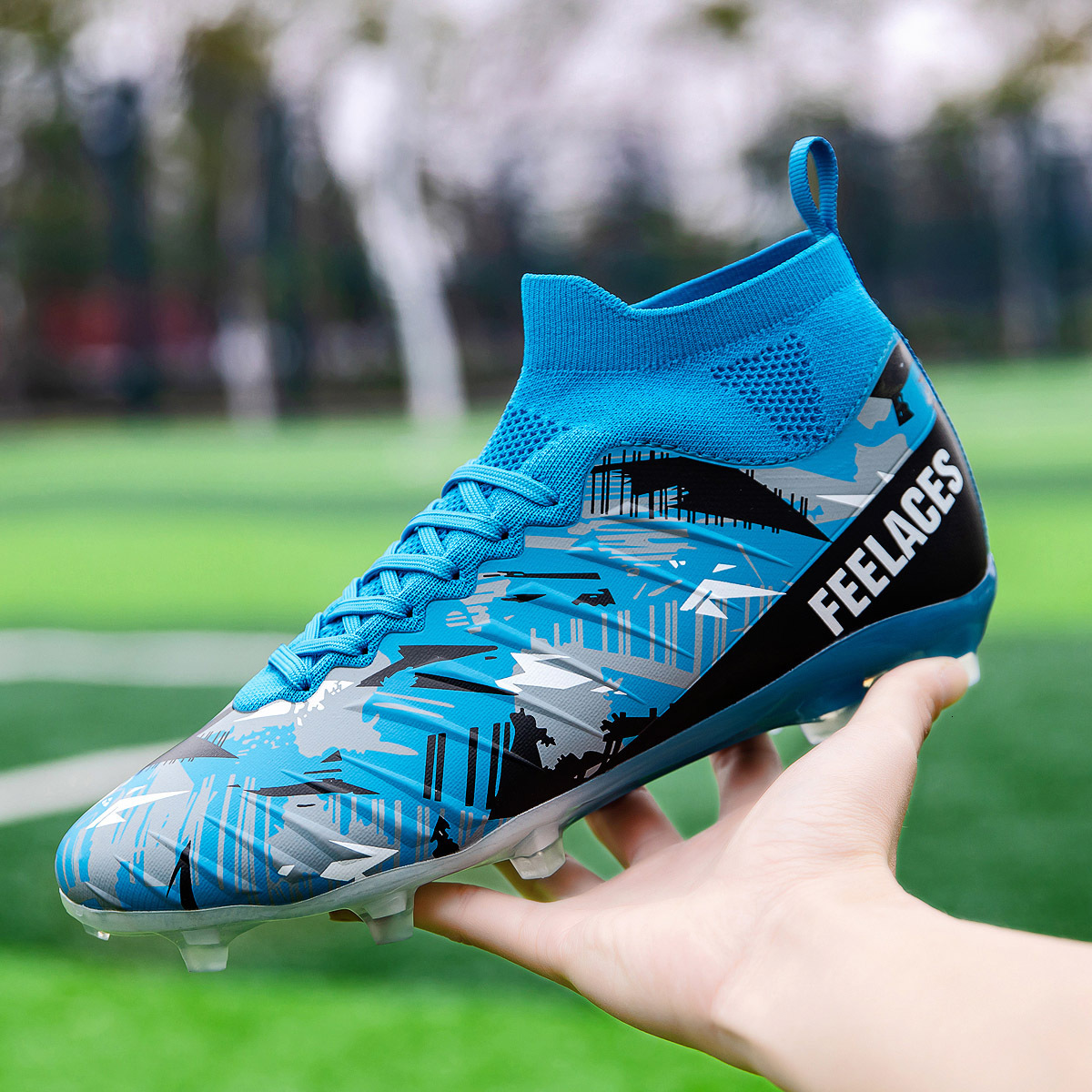 2026 New High Top Men's Football Shoes, Breathable Knitted Sock Design, Professional Training Shoes Export Version Of Artificial Turf Football