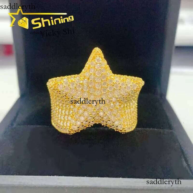 GRA Certificated Hip Hop Star Dia Custom Solid Back Men Sterling Sier Gold Plated Moissanite Ring 57