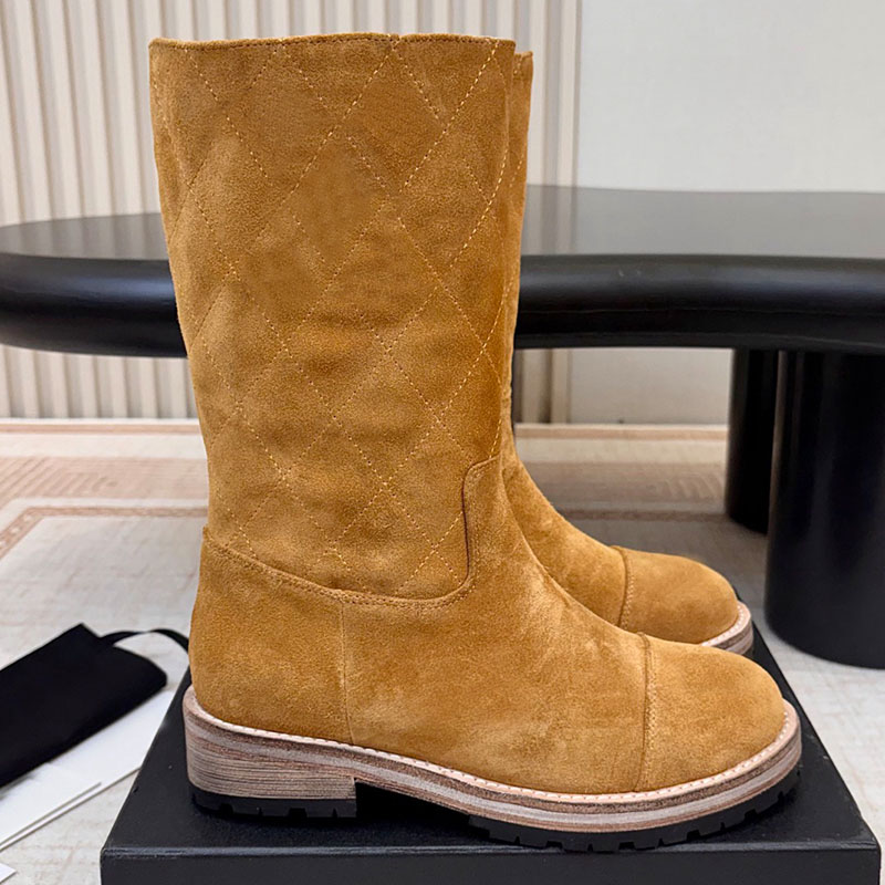 Mid Calf Boots Designer Diamond Grid Frosted Womens Boots Round Toe Thick Heel Straight Leg Boots Retro Maillard Style Commuting Fashion Boots Count