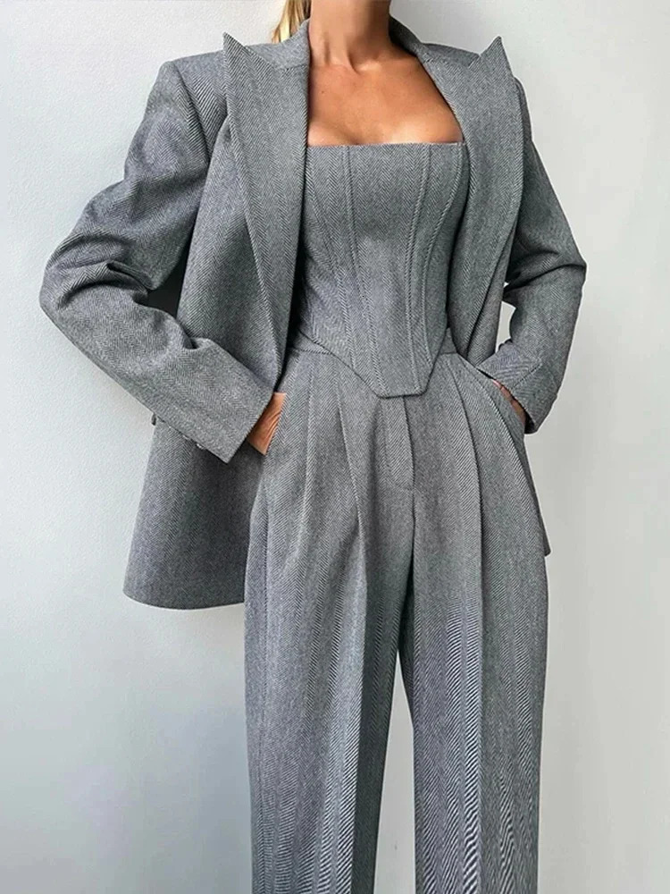 Temperament Fishbone Top Blazer Pants Sets 3 Pieces For Women Solid Jacket Crop Tops High Waist Pocket Pant Lady Office Set 2025 260805