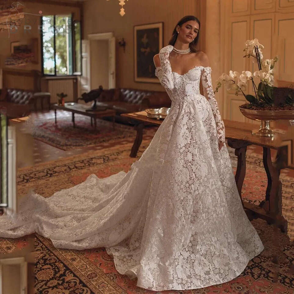 Boho A Line Wedding Dresses Off Shoulder Long Sleeves Beach Bridal Gowns Court Train Back Lace Up Gorgeous Garden Bride Dress