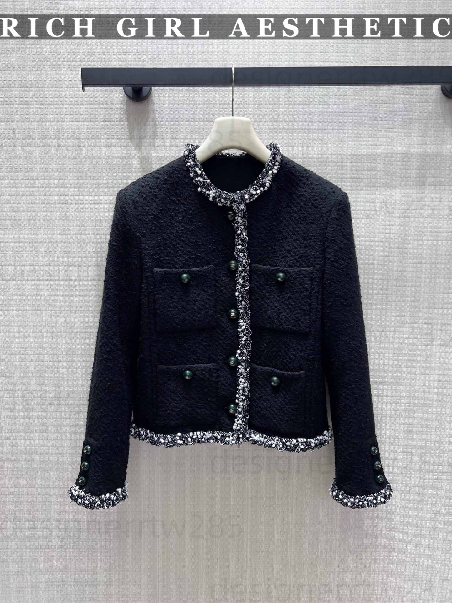 CC jackets womens black Tweed Cropped Jacket designer clothes women with Brand logo Emerald Buttons Solid Black Trim Short Coat Formal Office Evenin