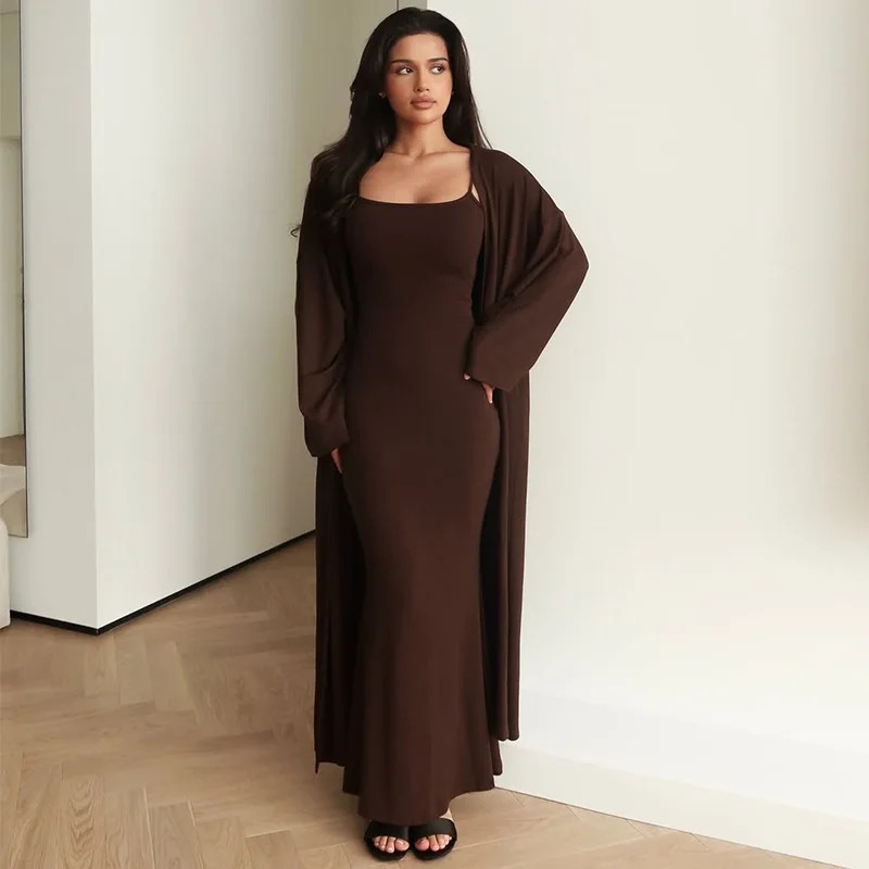 Two Piece Sets Women Dress Set Full Sleeve Mid Length Coats Long Dresses High Waist Y2k Streetwear Elegant Casual Solid Autumn 260805