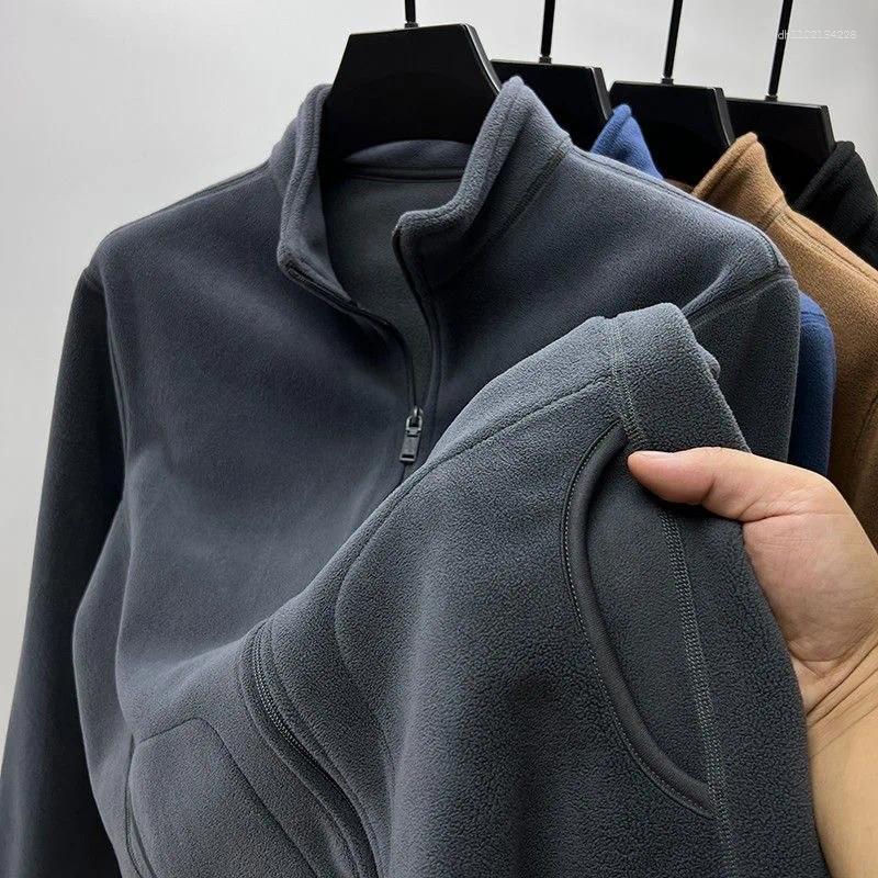 Men's Hoodies Thickened Fleece Lined Stand Collar Cardigan Sweatshirt Winter Warm Casual Outerwear Youth Urban Style Zipper Closure