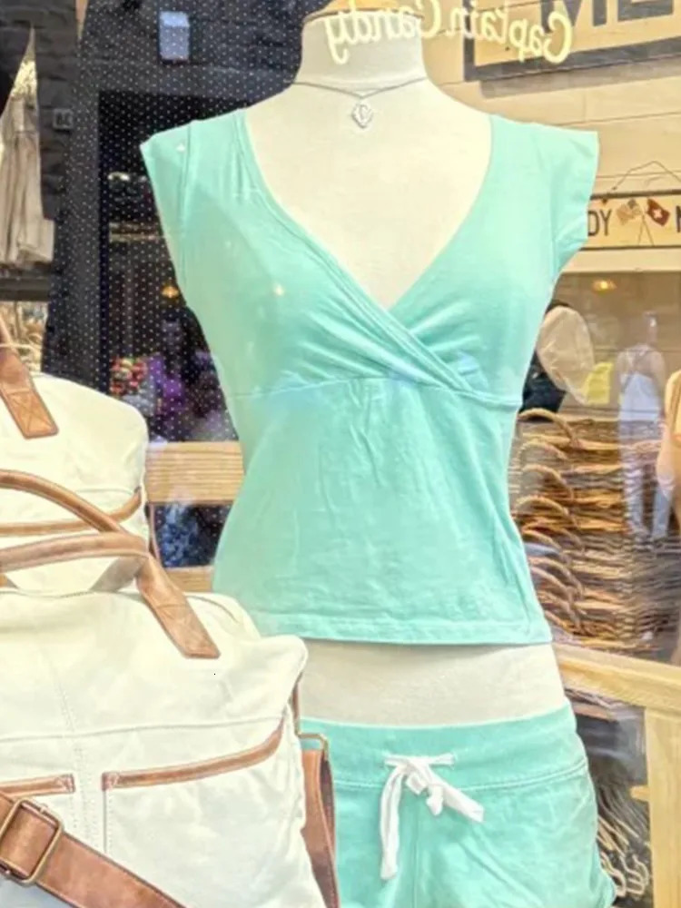 Mint Green V-neck Sleeveless T-shirts Women Summer Simple Fairy Style Slim Cotton Crop Tops Vintage Sweet Preppy Style Vests Y2K 260801