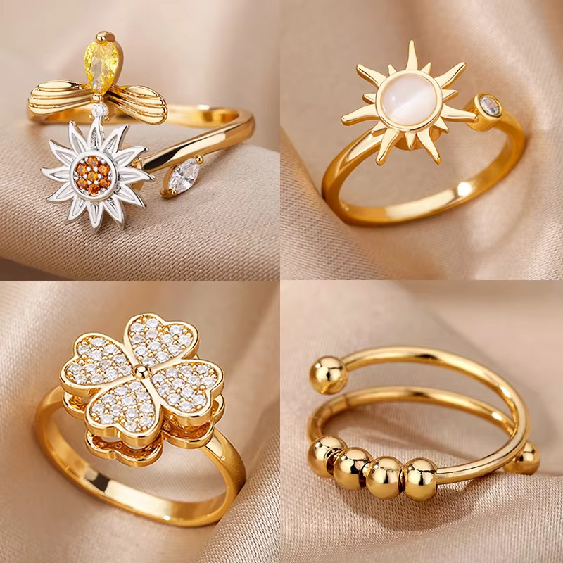 Amazon Hot-Selling Rotating Full Diamond 18K Gold-Plated Ring Anxiety Relief Open Flower Ring Stress Relief Ring Wholesale