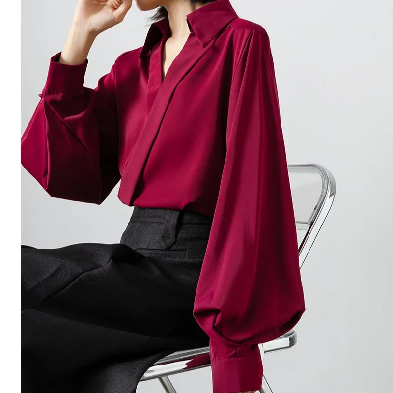 Spring Summer 2025 Lantern Sleeve Chiffon Cross V-neck Women's Blouses Wine Elegant Korean Office Lady Shirts Female 260805