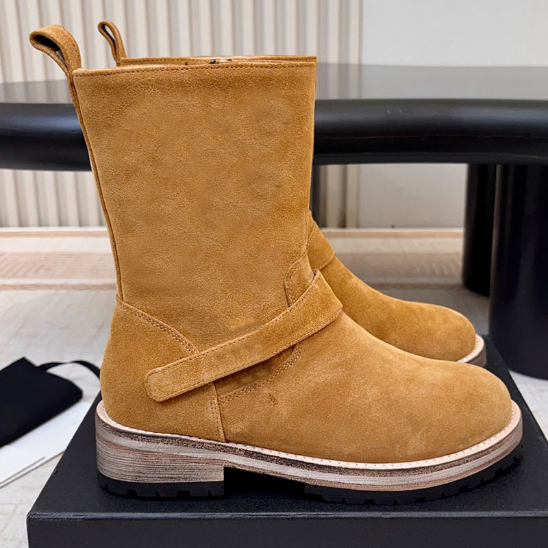 Short Boots Designer Women Mid Length Boots With Frosted Suede Buckle Round Toe Thick Heel Workwear Boots Retro Maillard Style Side Zipper Top Quali