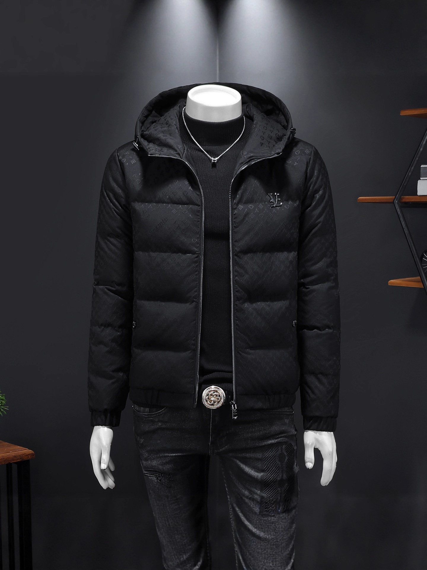 Men's Duck Down Jacket, Preppy Black Quilted Hooded Coat with 90% White Duck Down, Three-Quarter Sleeves, Detachable Lower Edge, Wool-Polyester Lini