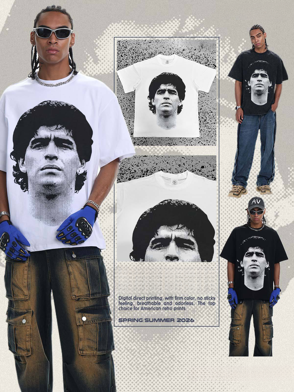 2026 washed T-Shirt Spring/Summer Maradona American Retro Breathable Digital Direct Print Heavyweight Pure Cotton Crew Neck T-Shirt for Men