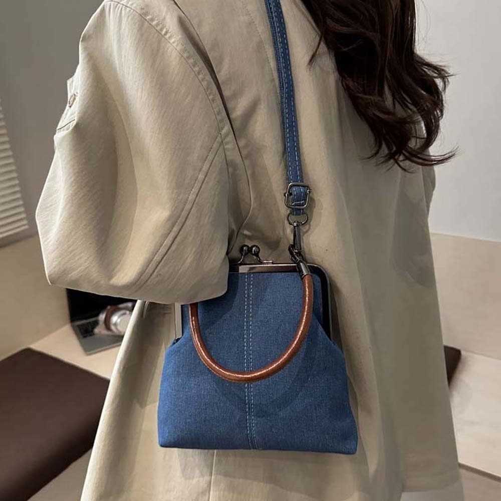 Bag Elegant Kiss Lock Shoulder Solid Color High Quality Denim Blue Crossbody Bag Large Capacity Purse Vintage Women's Handbag H260805