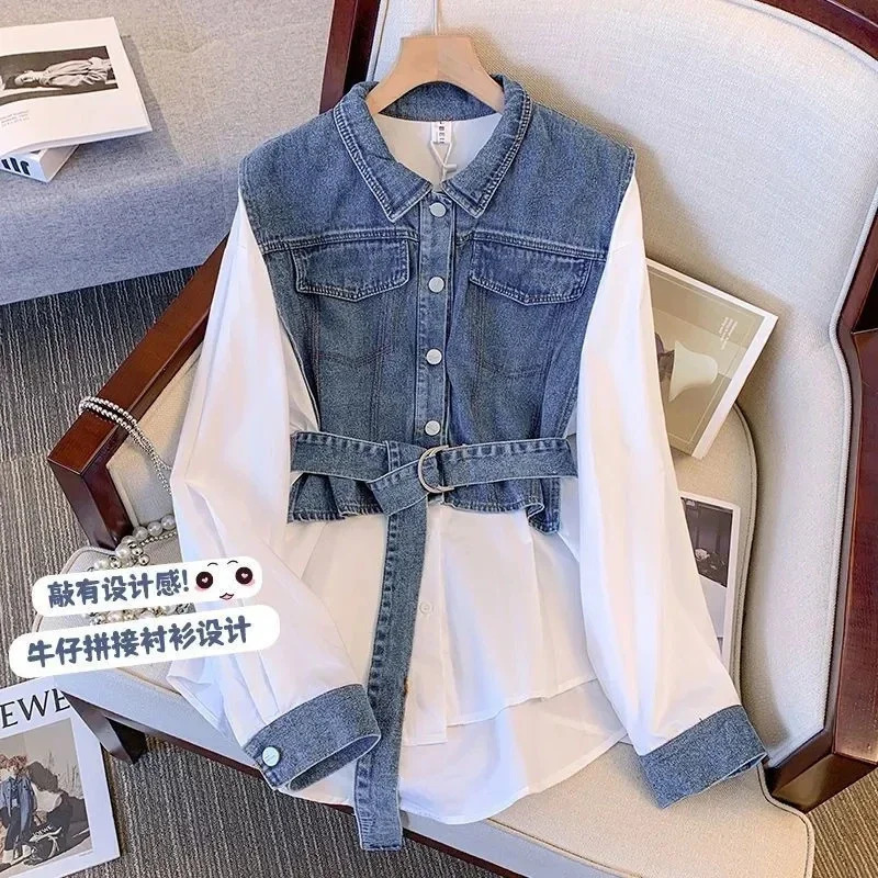 Korean Women Denim Shirt Spring Summer Long Sleeve Temperament Splicing Ladies Tops Two Pieces Fashion Loose Lady Blouse 260730