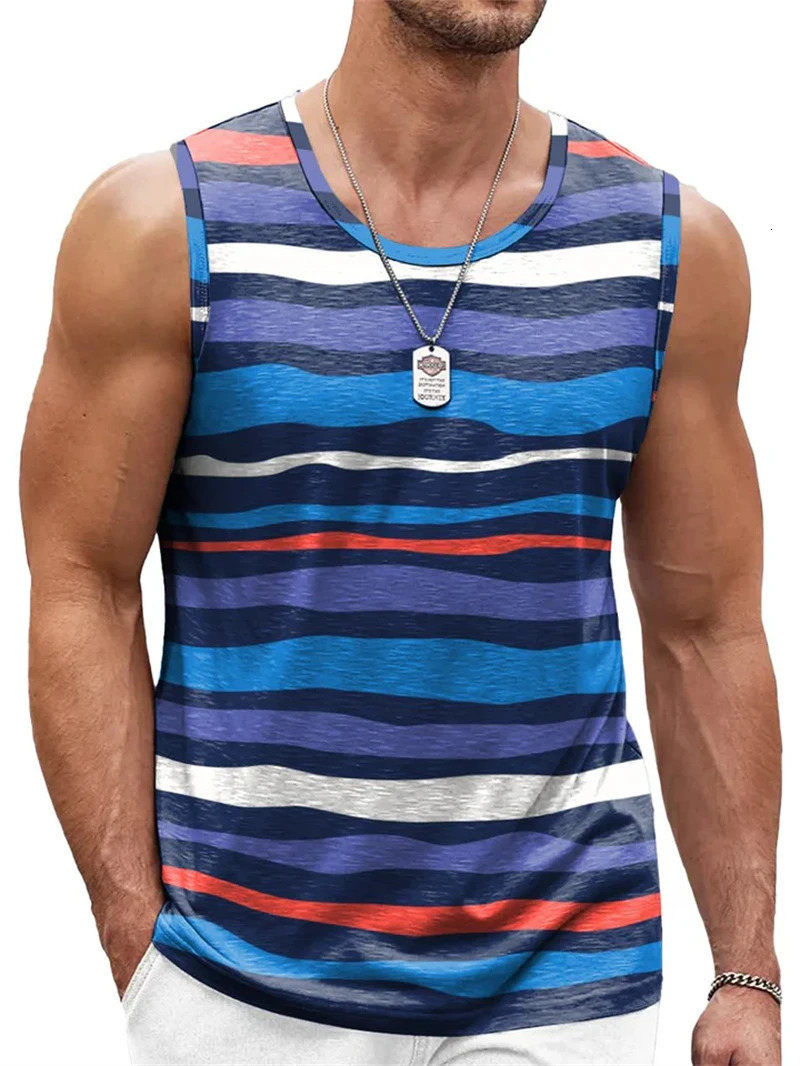 Mens Retro Stripe 3D Printed Tank Tops Fashion Summer Sleeveless Casual Sports Vest Loose Quick Dry Breathable Tees Clothes 260805