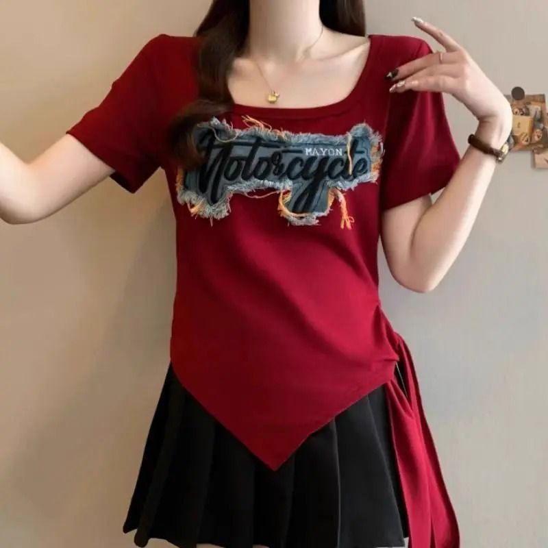 Summer Irregular Patchwork Contrast Letter Trend Tops Short Sleeve Plus Size High Street T Shirts Fashion Casual Women Clothing 260730