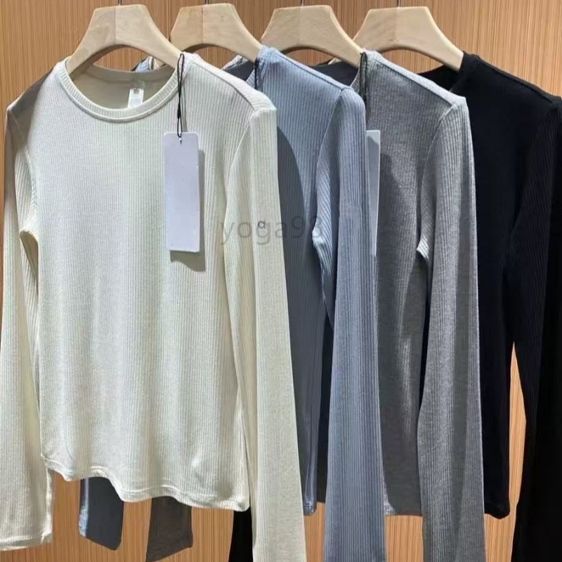 Women's Long-Sleeve Sports Fitness T-Shirt Fall/Winter Yoga Top Cotton Super-Stretch Ribbed Cotton Thermal Base Layer Long-Sleeve Knit Base Lay