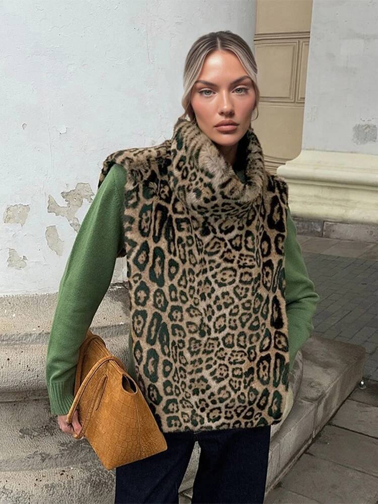 Women's Leopard-Print Faux Fur Sleeveless Vest 2025 Autumn Fashion High-Collar Designer Fashion Casual Outerwear Winter Clothes Woman Outerwear