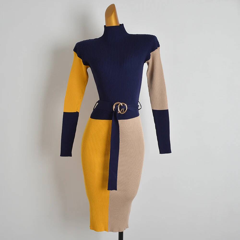 Yuoomuoo Fall Winter Knit Rib Wrap Hips Bodycon Pencil Designer Fashion For Women Elegant Long Sleeve Turtleneck Sweater Dress With Belt