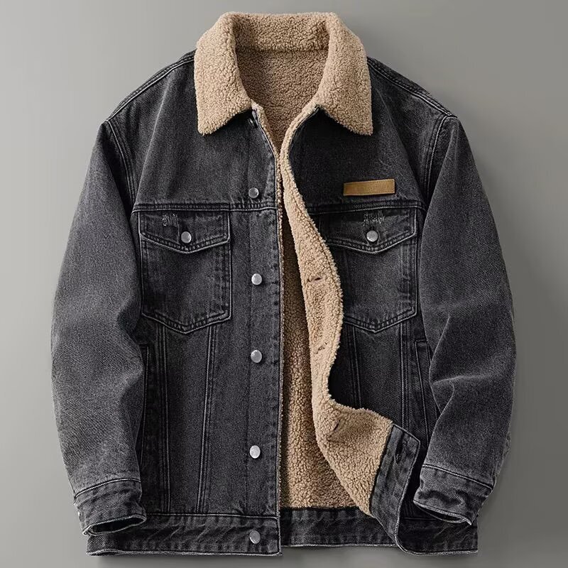 2026 American Retro Fleece-Lined Thickened Denim For Men Winter Trendy Loose Lamb Wool Warm Cotton Jacket