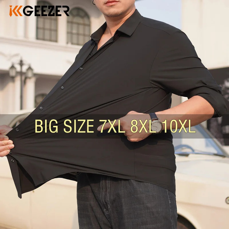 Summer Men's Elastic Long Sleeve Shirt Oversize 6XL 7XL 8XL 10XL plus Size Formal Black White ner High-Quality Traceless 260805