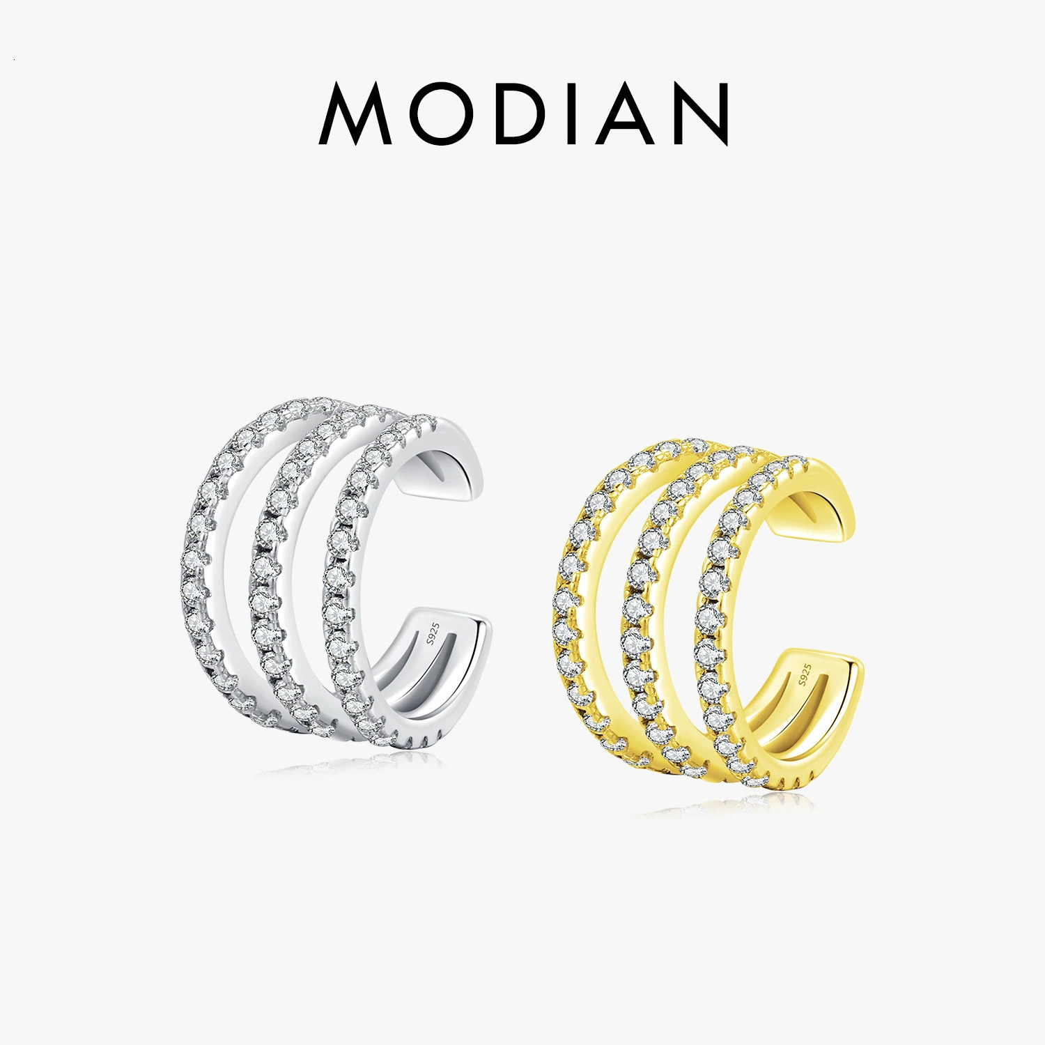 MODIAN 1PCS Multi Layer Sparkling Zirconia Ear Clips 925 Sterling Silver Trendy Cuff Earrings For Women Girls Fine Jewelry Gift 260805