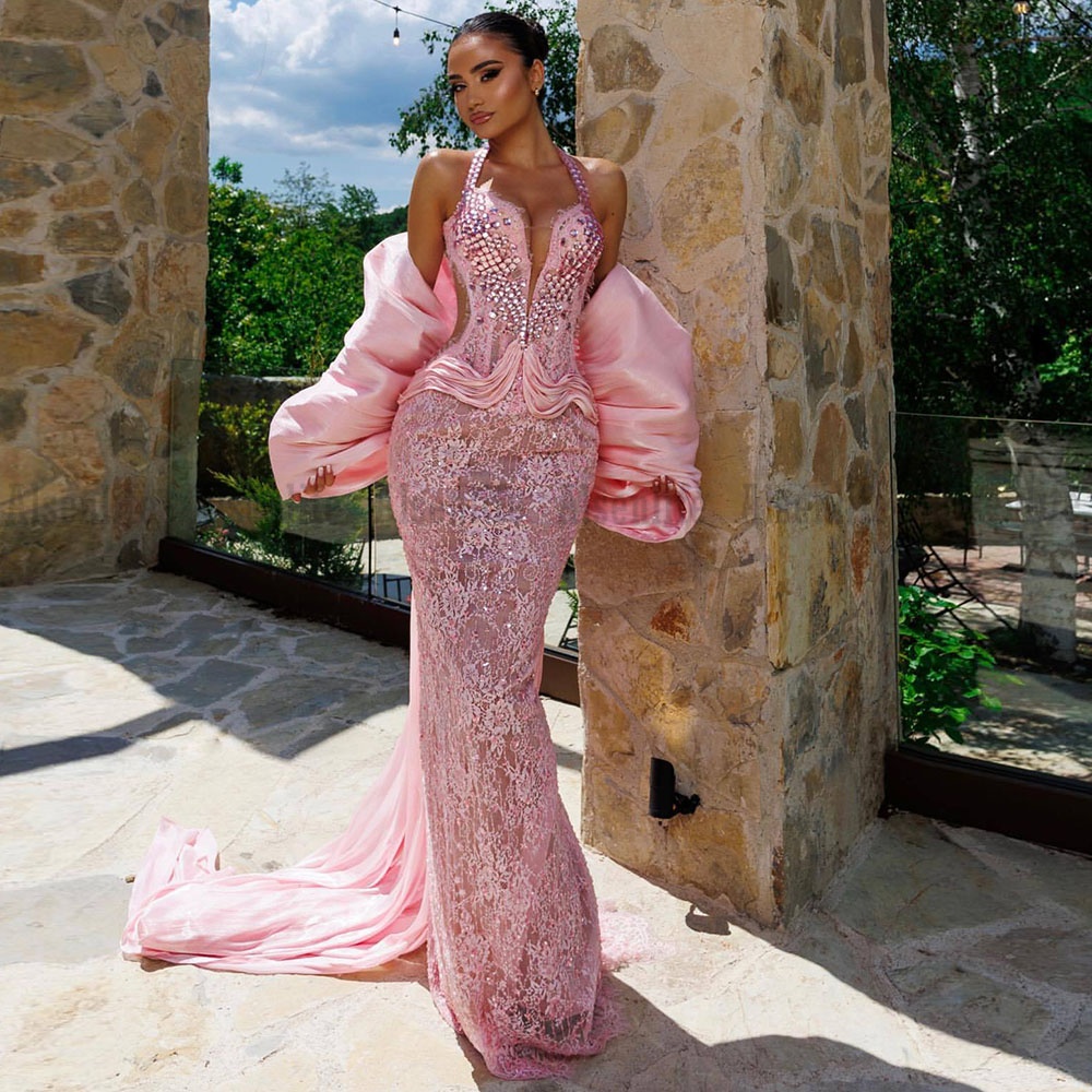 Pink Evening Dresses For Women Halter Neck Mermaid Applique Stain 2026 Females Vestido De Festa