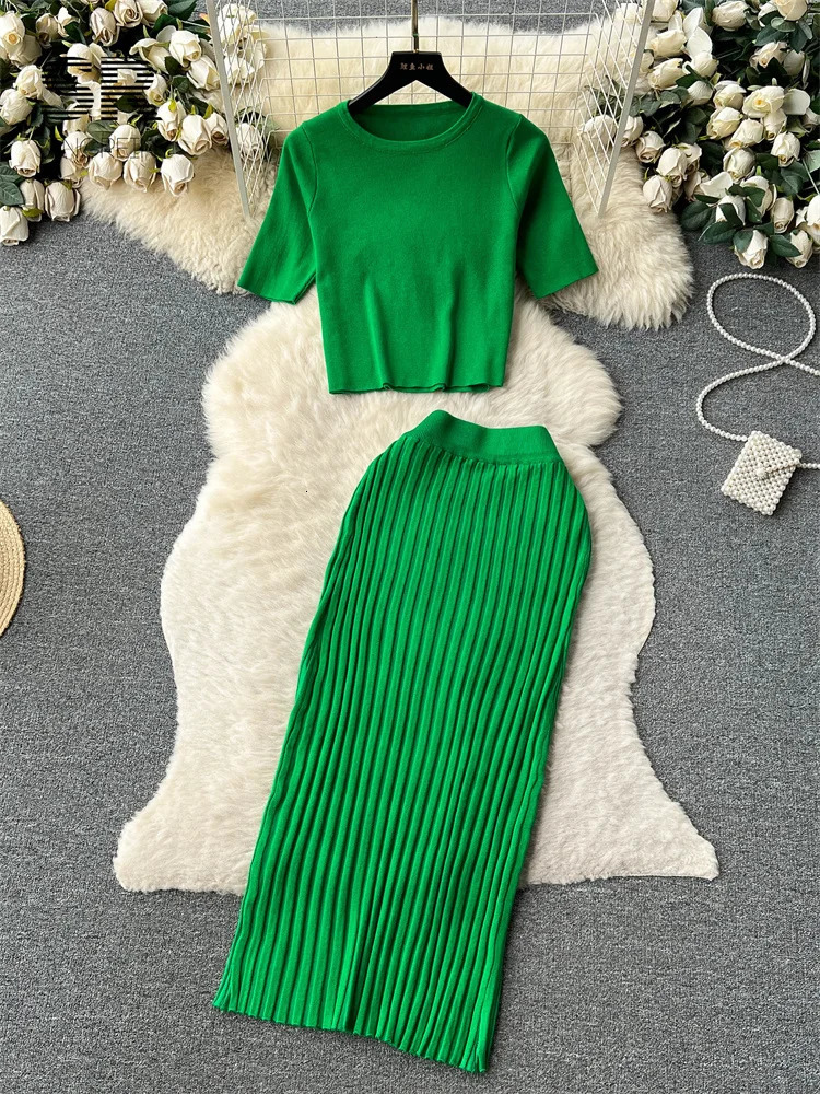 SINGREINY Casual Two Piece Sets Women Summer O Neck Top Elastic Waist Long Skirt Fashion Office Lady Korean Knit Suit 260805