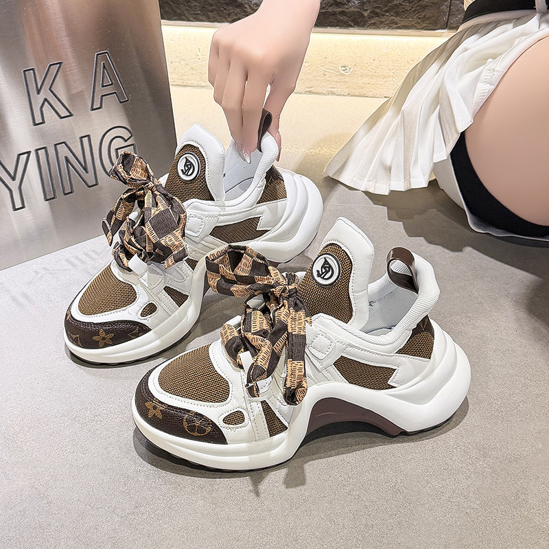 Women's Men's Platform Dad Sneakers with Checkered Ribbon Bow New Bow Bridge Sole Sneakers Trendy Brand Street Style Dad Shoes