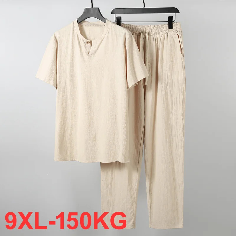 Men's Clothing Large Size Home Husband Summer Suit Linen t-shirt Fashion Male Set Chinese Style 8XL 9XL plus Two Pieces 260805