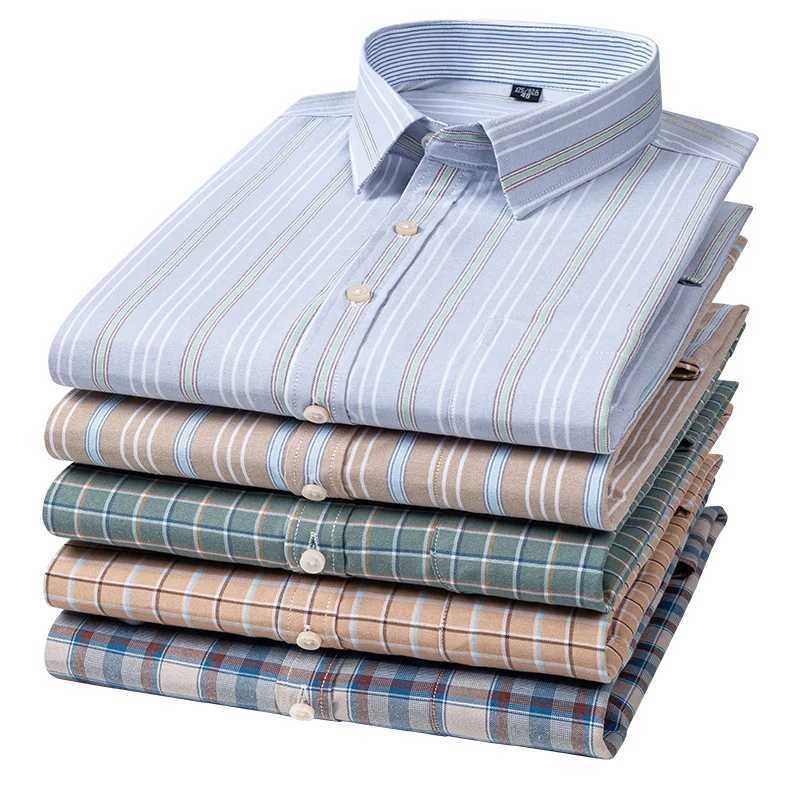 New Men's Social Shirt Long Sleeves 100% Pure Cotton Oxford Soft Buttoned Plaid Formal Male Clothes Pocket Social Shirt S-7XL Z260805