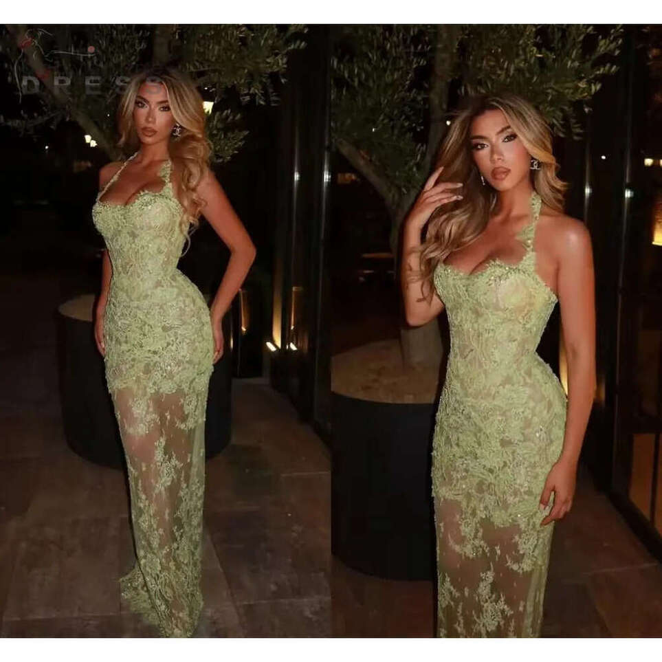 Customized Sage Green Chic Lace Mermaid Prom Dresses Aso Ebi Halter Neckline Sleeveless Women Special Occasion Evening Gowns See Through Vestidos Lg
