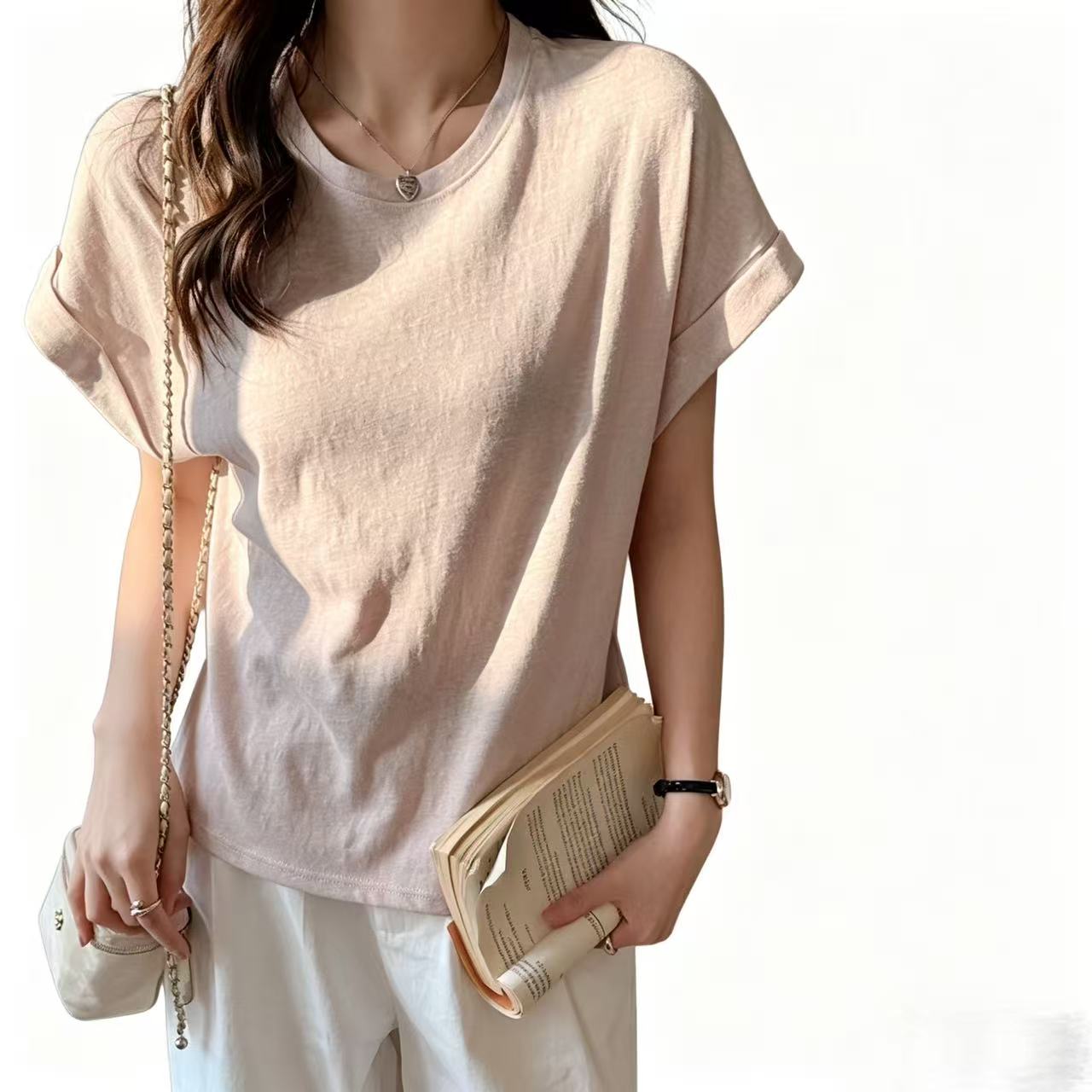 korean womens clothing design sense oversized round neck loose folding short sleeved tshirt womens summer lazy fashion top