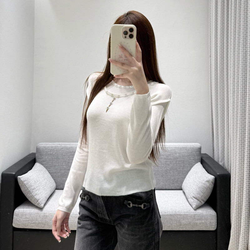 Designer Gentle Style Beaded Round-Neck Long-Sleeve Knit Top Women, Slimming Versatile, Soft And Thin Base Shirt 2863