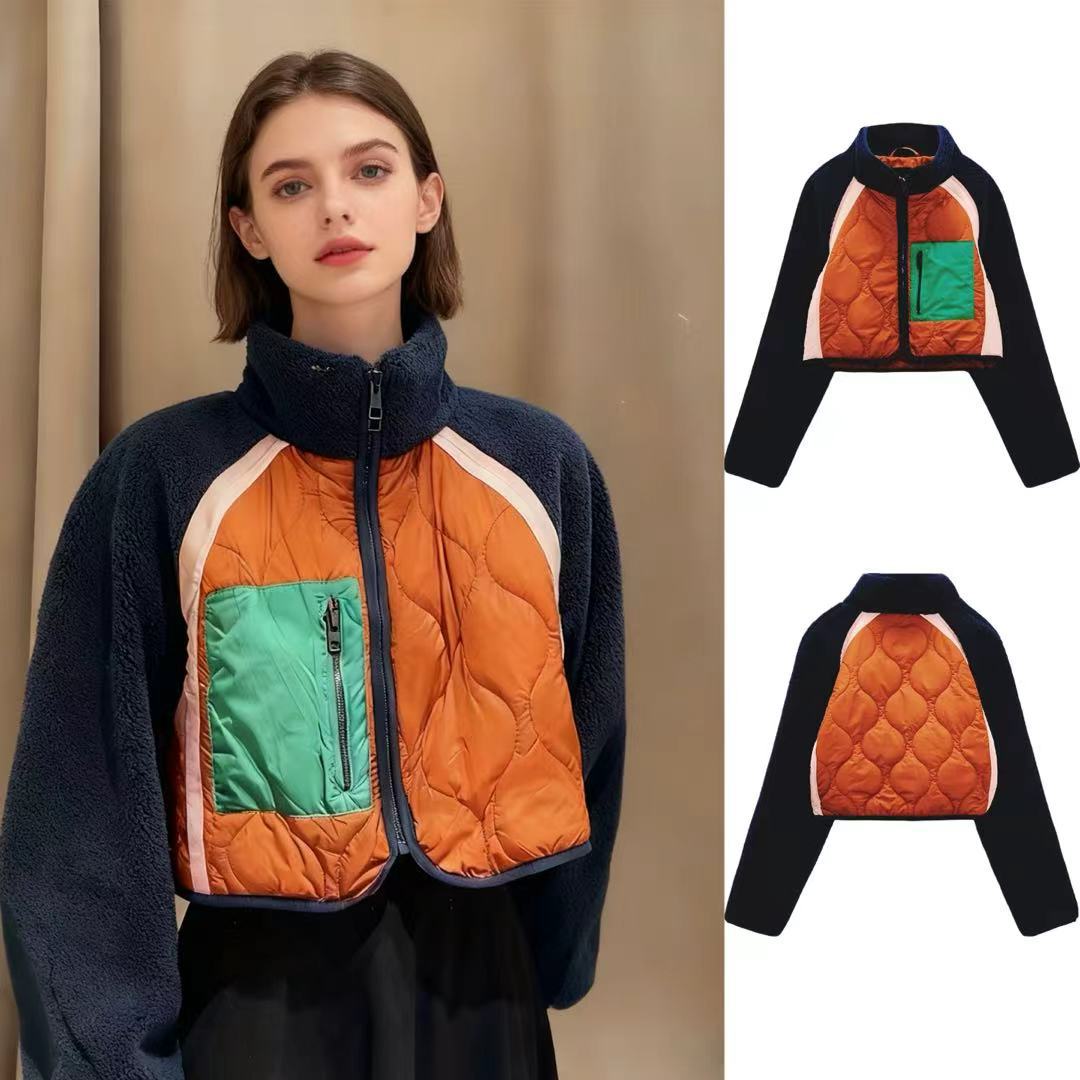 Bomber Jacket Women Autumn Winter Hige Quality Fleece Patchwork Lamb Wool Short Jackets Cotton Coats Lady Long Sleeves Jacket