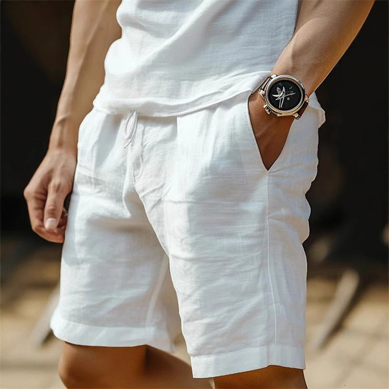 Men's Shorts Plus Size Mens Vintage Stand Pocket Cotton Linen Male Casual Beach Short Pants Solid White Khaki Elastic Waist