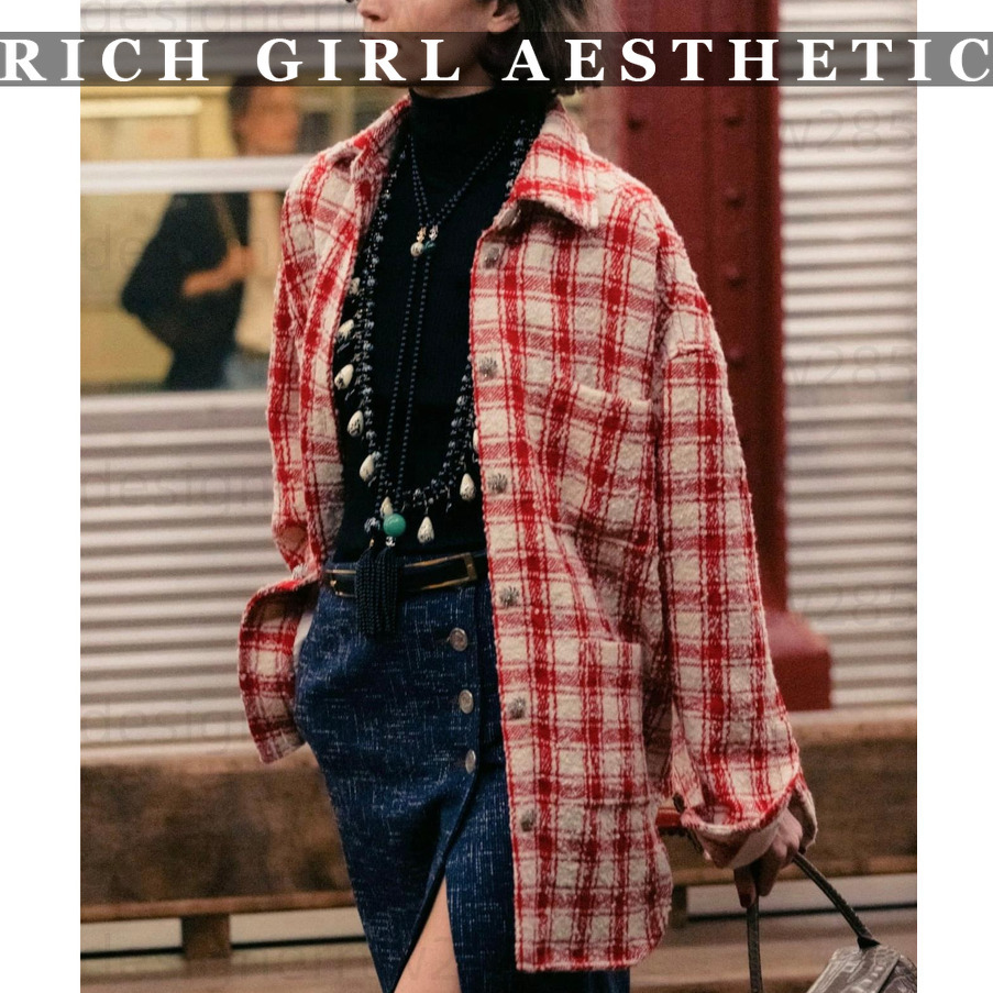 CC jackets womens Tweed Plaid Shacket designer clothes women with Brand logo Red White Oversized Button Down Jacket Vintage Wool Blend Flannel Outer