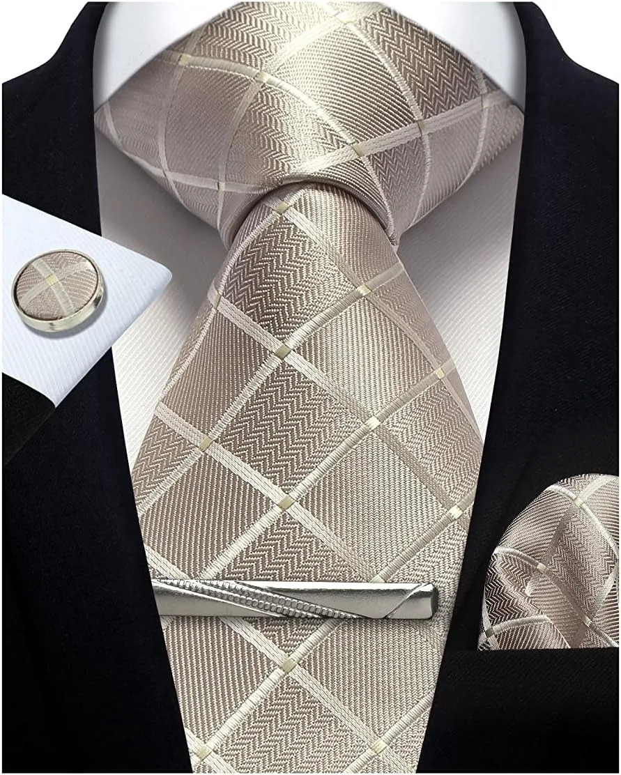 100% Silk Ties for Men Plaid Checks Tie Clip Handkerchief Woven Classic Men's Necktie Pocket Square Set Formal Wedding Ties 260731