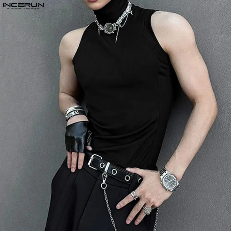 INCERUN Men Tank Tops Solid Color Turtleneck Sleeveless Male Vests Streetwear Summer 2026 Knitted Fashion Casual Men Clothing 260805
