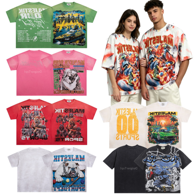 Majestik t shirt Designer Mens T-Shirts American Trendy Brand Retro High Street Hip-Hop Letter Printing Rhinestones Short-Sleeve Summer Cotton Mens