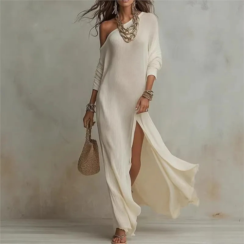 Sloping Collar One-shoulder Pleated Slit Elegant Solid Color Dress Women's Summer Versatile Long-sleeved Commuter Vacation Dress 260805