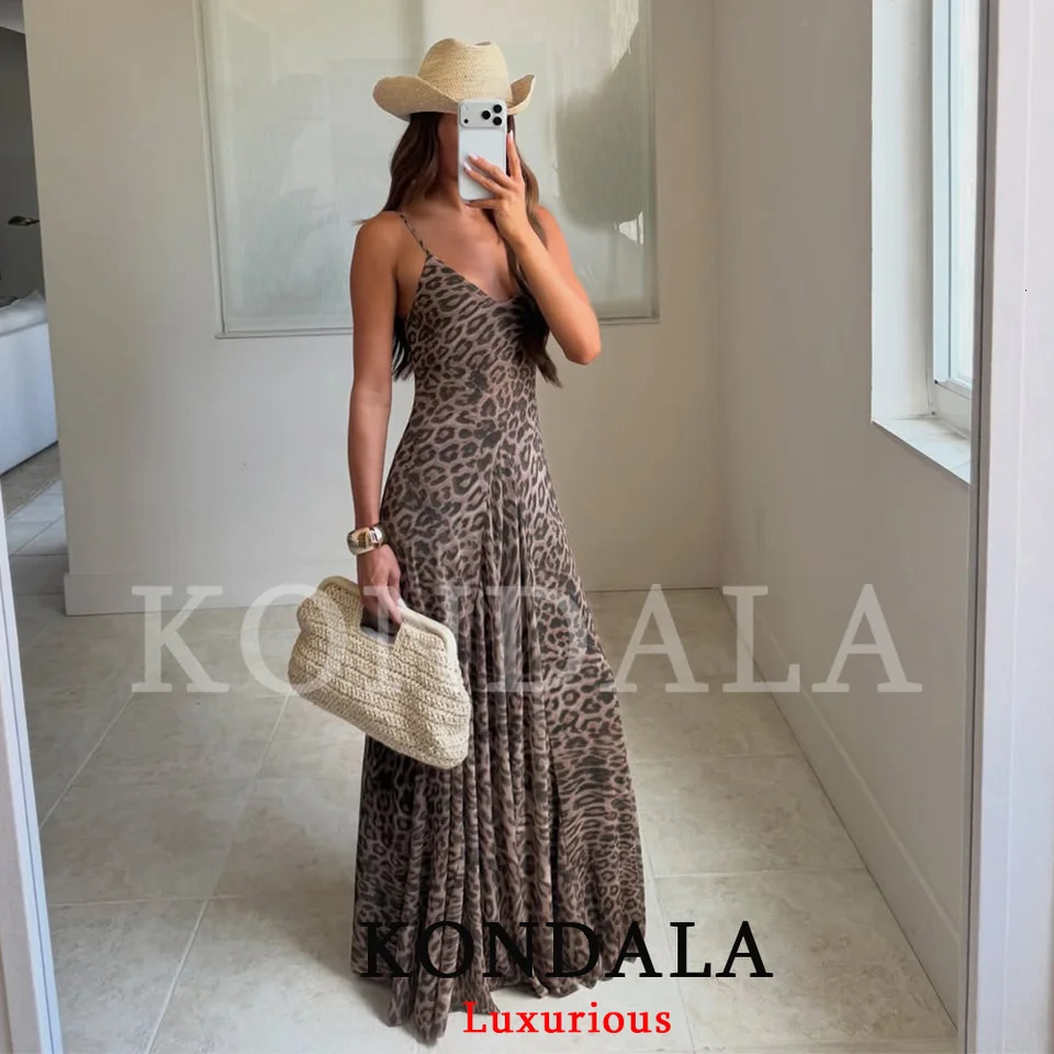 KONDALA Vintage Sexy Women Long Cami Chiffon Dress Leopard Beach Holiday Party Dress Fashion 2026 Spring Summer Elegant Dress 260805