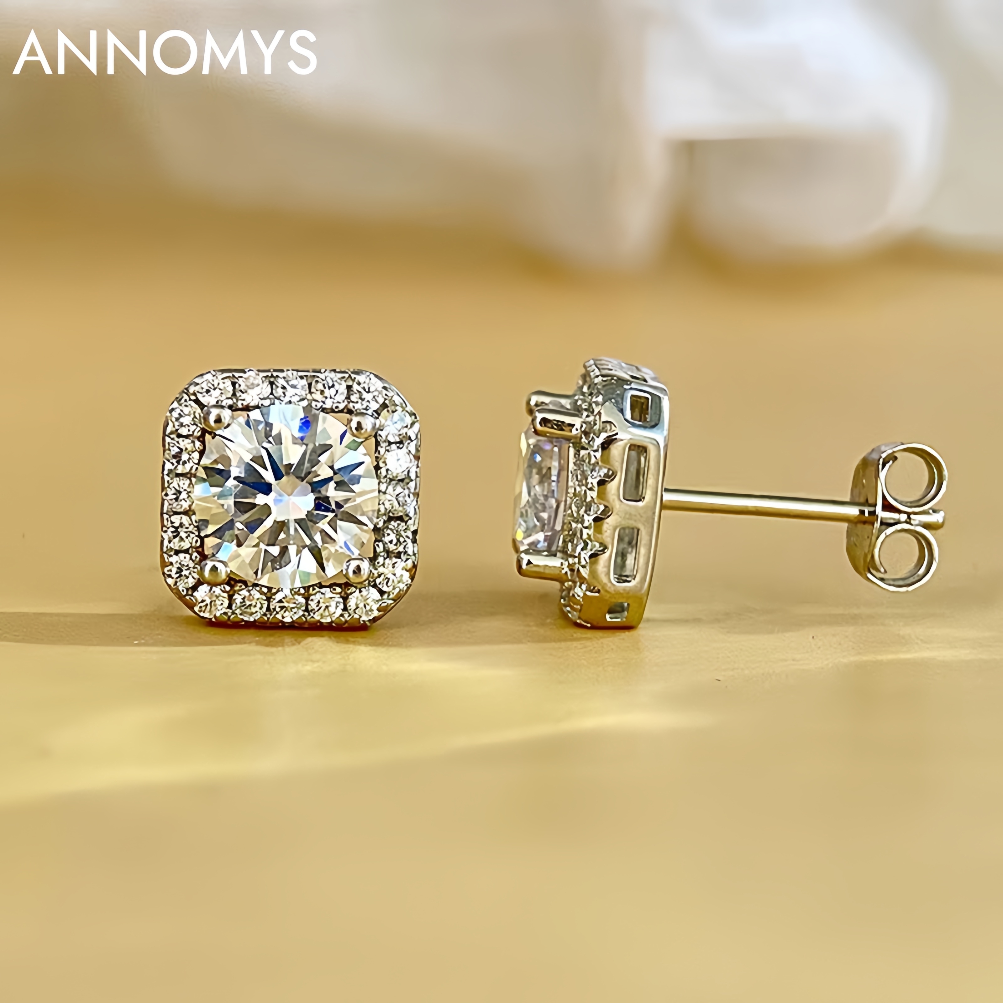 Wholesales S925 Silver Electroplated Women's Moissanite Ear Studs Precision Craft Luxury Square with GRA Certificate