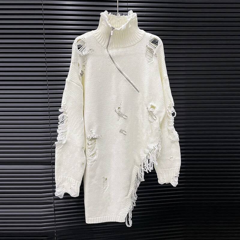 Fashion Autumn New Turtleneck Pin Hole Sweater For Women Loose Black Versatile Designer Fashion Irregular Niche Design Pullovers