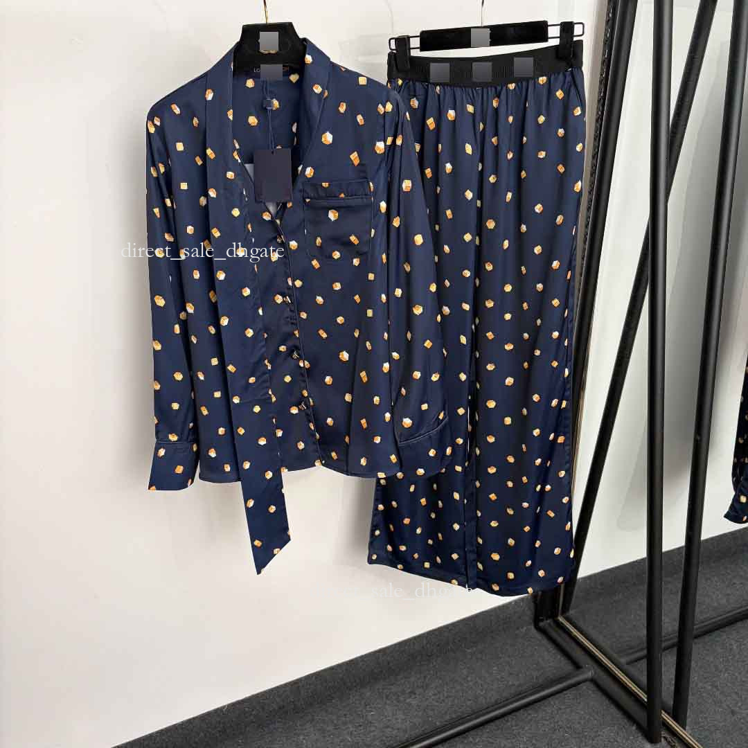Designer Gold Square Print Elegant Long-Sleeve Shirt With Ruffled Collar + Elastic Waist Wide-Leg Trousers b136