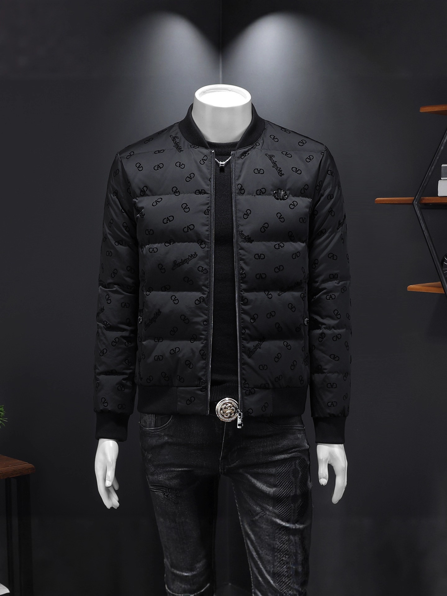 Men's Duck Down Jacket, Preppy Black Stand-Up Collar Winter Coat with 90% White Duck Down, Flocked Pattern, Wool-Polyester Lining, Loose Fit, Three-