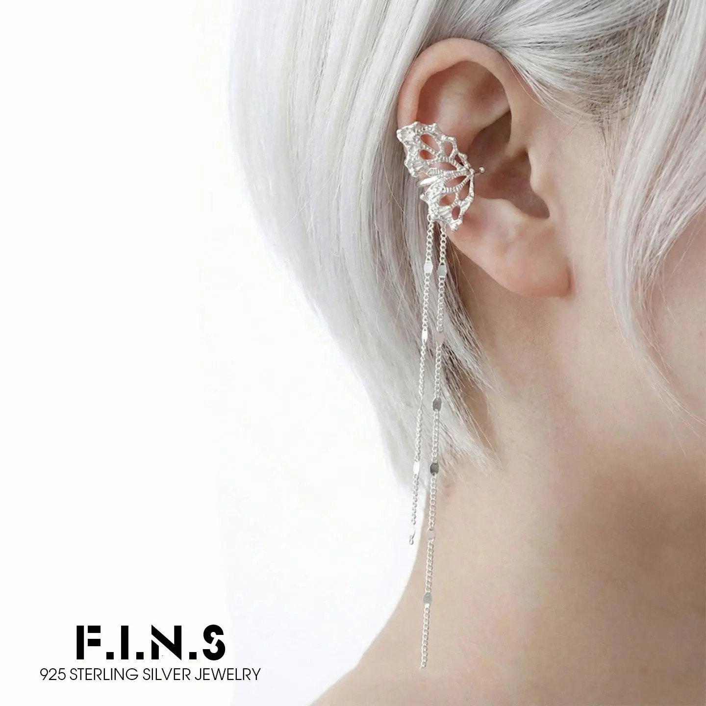 F.I.N.S 1PC S925 Sterling Silver Hollowed Lace Butterfly Ear Clip y Long Chain Tassel Earcuff Catilage Fine Jewelry Gifts 260805